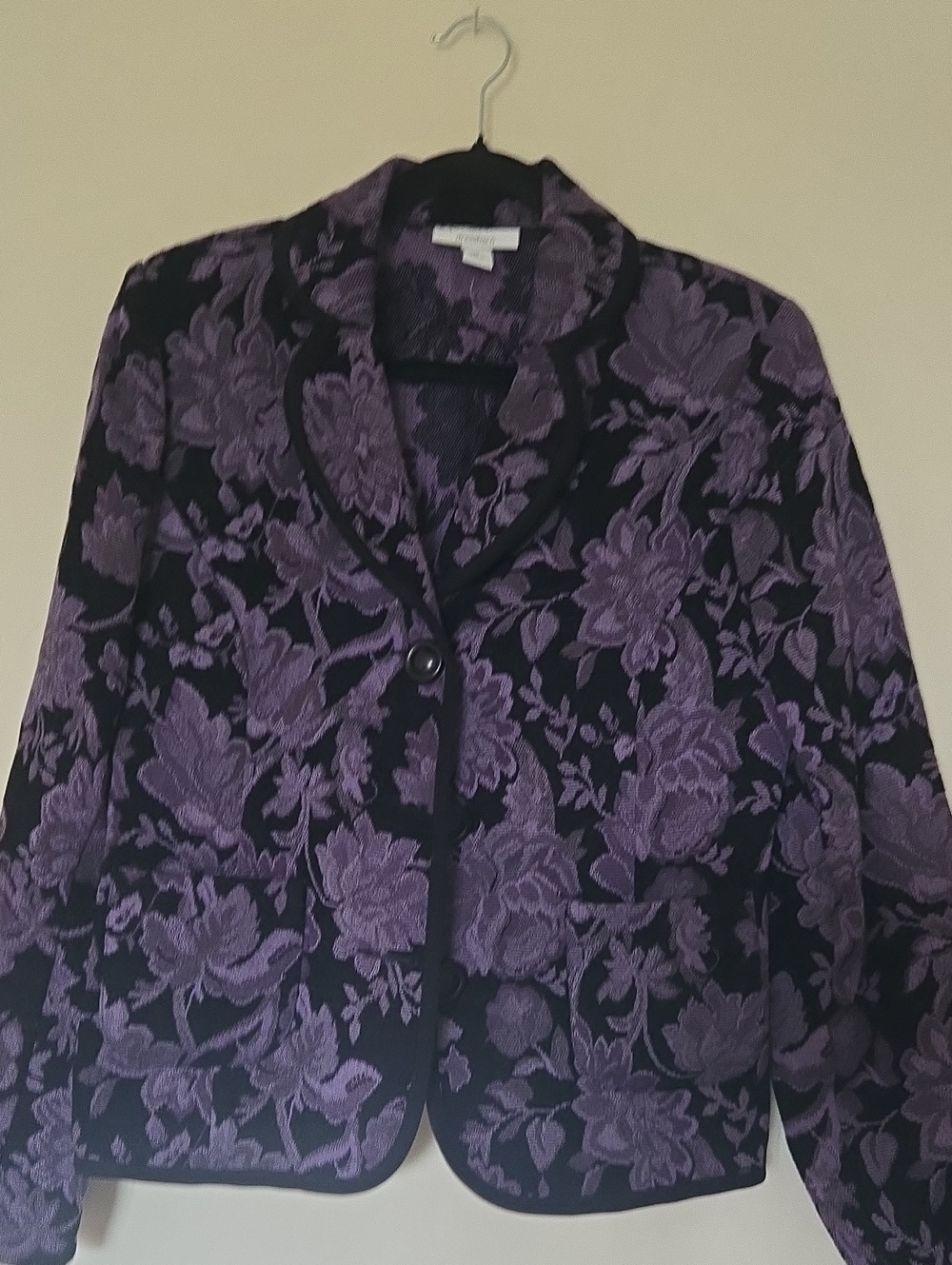 dressbarn Purple Floral Jacquard Blazer with Black Trim